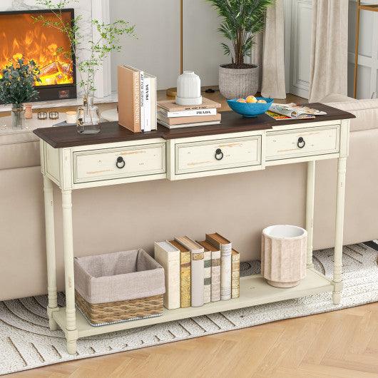 52 Inch Farmhouse Console Table with 3 Drawers and Open Storage Shelf for Hallway