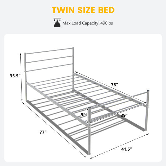 Twin Size Metal Bed Frame Platform with Headboard-Silver