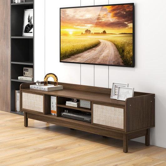 Sliding Door TV Stand for 65 Inch TV with Woven Doors-Walnut