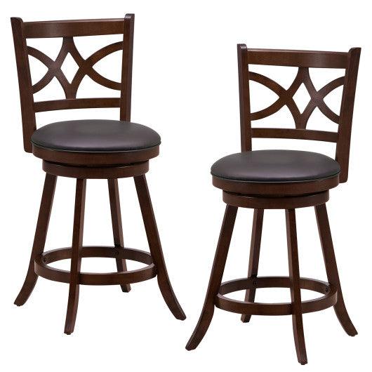 Set of 2 Bar Chairs 360° Swivel with Leather Cushioned Seat and Rubber Wood Frame-24 inch