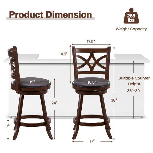 Set of 2 Bar Chairs 360° Swivel with Leather Cushioned Seat and Rubber Wood Frame-24 inch