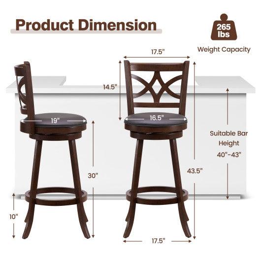 360° Swivel Bar Chairs with Leather Cushioned Seat and Rubber Wood Frame-30 inch