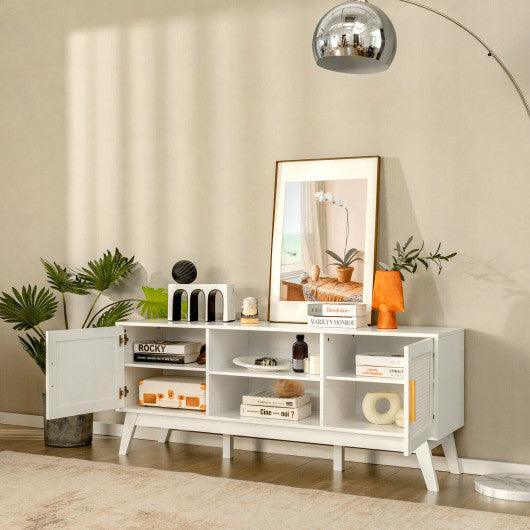 TV Stand Entertainment Media Console with 2 Rattan Cabinets and Open Shelves-White