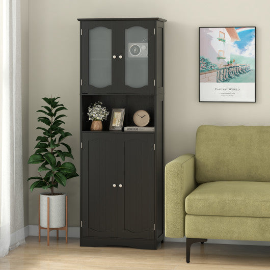 64.5 Inches Tall Bathroom Storage Cabinet with Frost Glass Doors and Shelves-Black