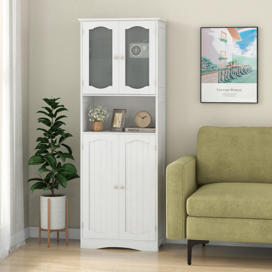 64.5 Inches Tall Bathroom Storage Cabinet with Frost Glass Doors and Shelves-White