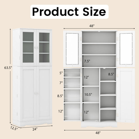 Tall Kitchen Pantry Cabinet with Dual Tempered Glass Doors and Shelves-White