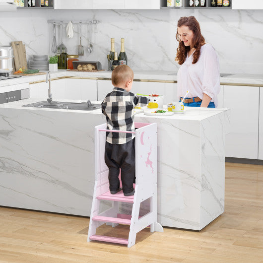Toddler Kitchen Stool Helper Baby Standing Tower with Chalkboard and Whiteboard-Pink