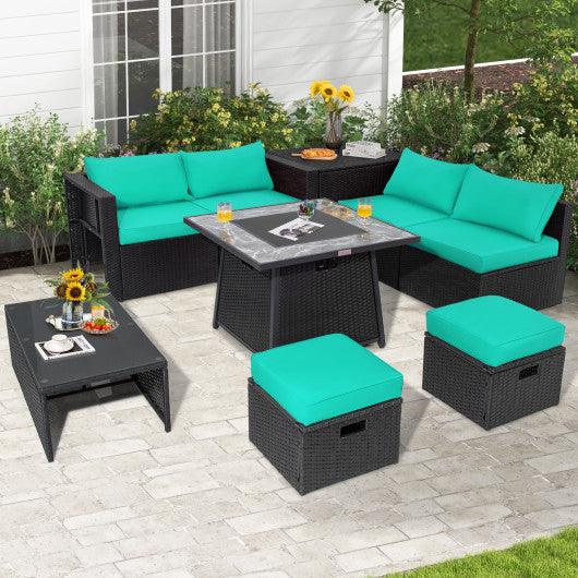 9 Pieces Outdoor Wicker Sectional with 35 Inch Gas Fire Pit Table-Turquoise