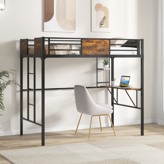 Twin Size Industrial Metal Loft Bed with Desk Storage Shelf and Build-in Ladder-Twin Size