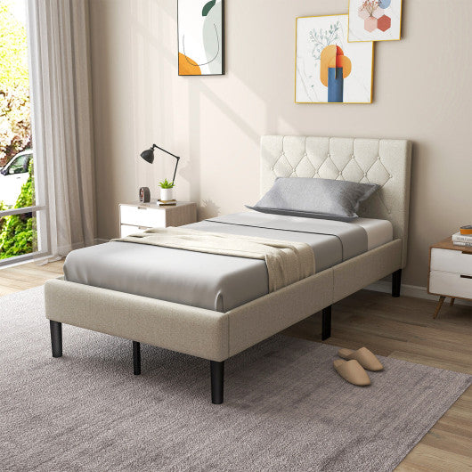 Twin Size Upholstered Platform Bed with Button Tufted Headboard-Beige