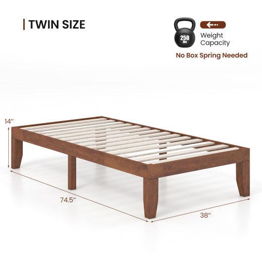 14 Inch Twin Size Rubber Wood Platform Bed Frame with Wood Slat Support-Walnut