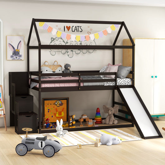 Twin over Twin Bunk Bed with Slide and 2-Step Storage Staircase-Espresso