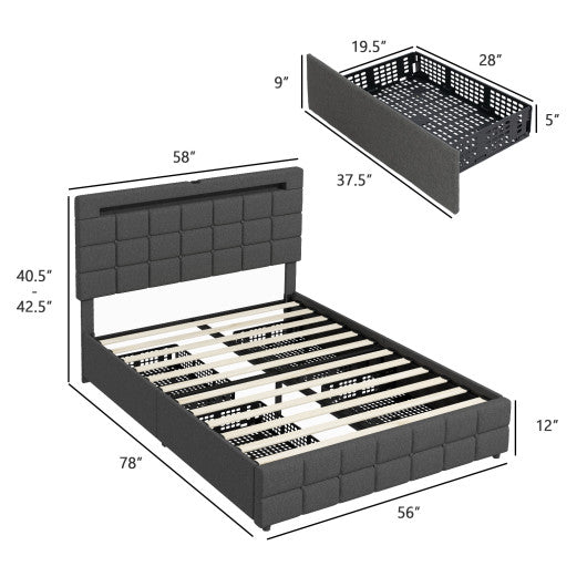 Upholstered LED Bed Frame with Headboard and 4 Drawers-Full Size