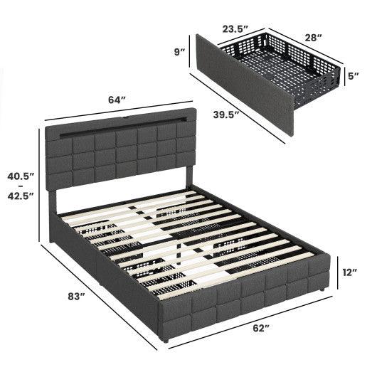 Upholstered Queen LED Bed Frame with Headboard and 4 Drawers-Queen Size