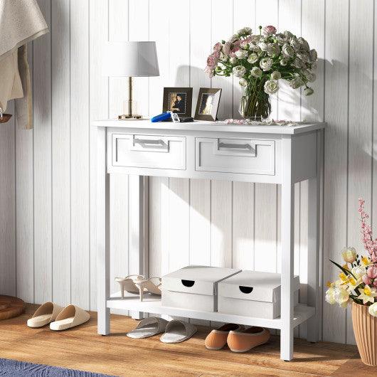 Narrow Console Table with Drawers and Open Storage Shelf-White