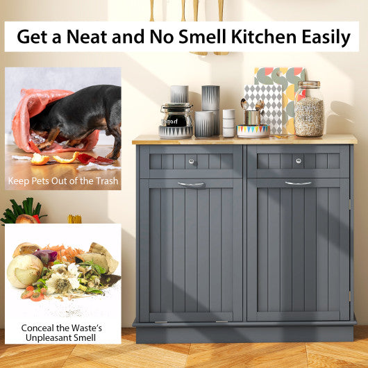 Rubber Wood Kitchen Trash Cabinet with Single Trash Can Holder and Adjustable Shelf-Gray