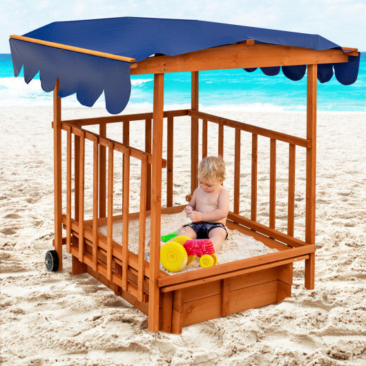 Kids Outdoor Wooden Retractable Sandbox with Cover and Built-in Wheels-Natural