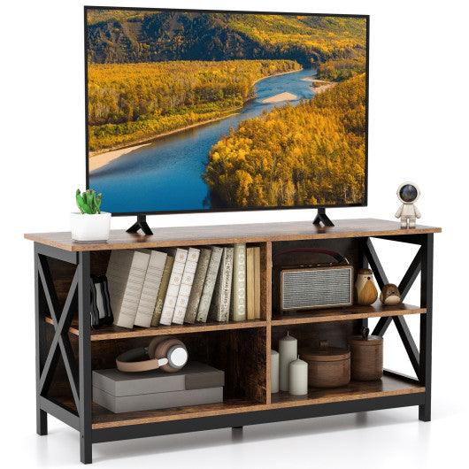 Wooden TV Stand Entertainment for TVs up to 55 Inch with X-Shaped Frame-Rustic Brown