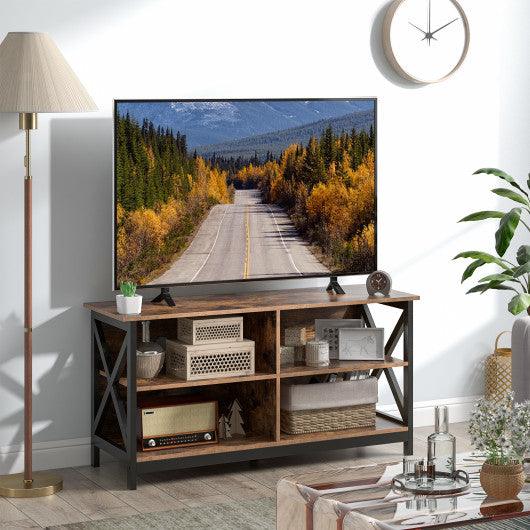 Wooden TV Stand Entertainment for TVs up to 55 Inch with X-Shaped Frame-Rustic Brown