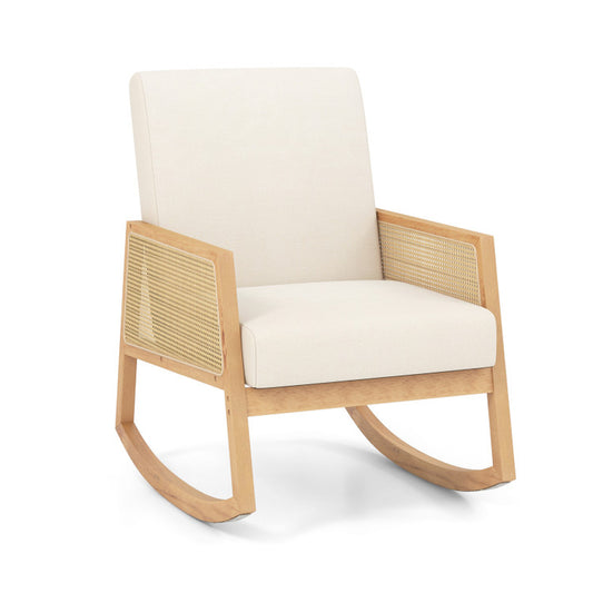Rocking Chair with Rattan Armrests and Upholstered Cushion
