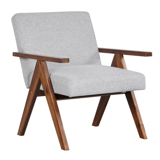 Modern Accent Chair Linen Fabric Armchair with Solid Acacia Wood Frame