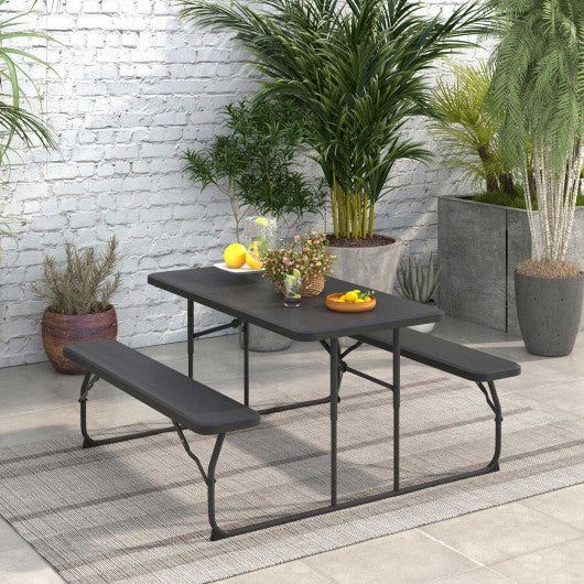 Indoor and Outdoor Folding Picnic Table Bench Set with Wood-like Texture-Black