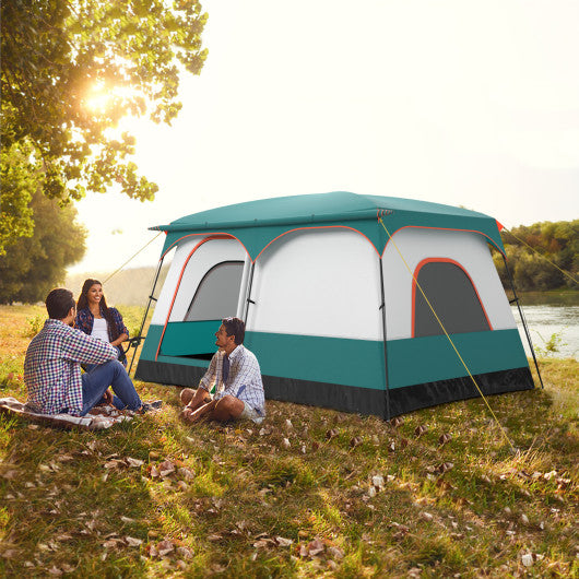 6-8 Person Camping Tent with Double Rooms and 2 Doors-Green