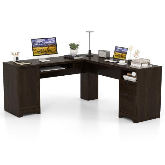 66 Inch L-Shaped Writing Study Workstation Computer Desk with Drawers-Coffee