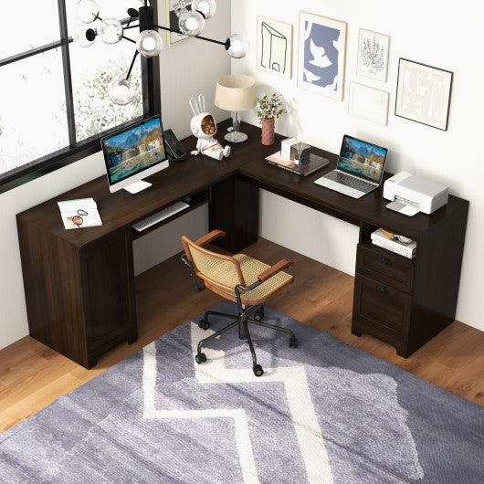 66 Inch L-Shaped Writing Study Workstation Computer Desk with Drawers-Coffee