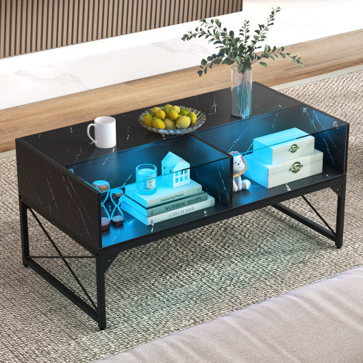 Center Table with Faux Marble and Tempered Glass Top-Black