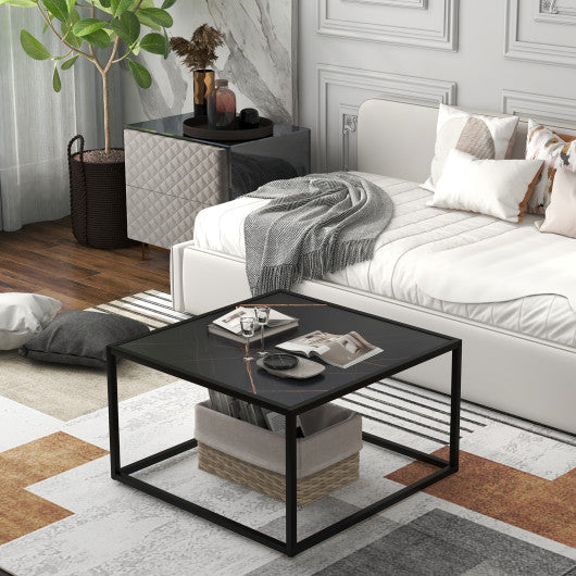 Modern Glass Square Coffee Table with Metal Frame for Living Room-Black