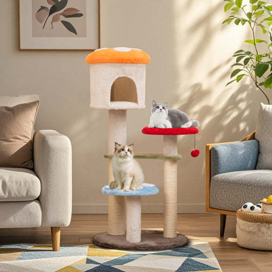 Cute Mushroom Cat Tree with Sisal Scratching Posts Top Condo and Padded Platforms-Multicolor