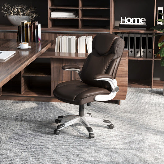 Ergonomic Office PU Leather Executive Chair with Flip-up Armrests and Rocking Function-Brown