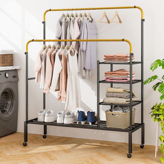 Rolling Double Rods Garment Rack with Height Adjustable Hanging Bars-Golden