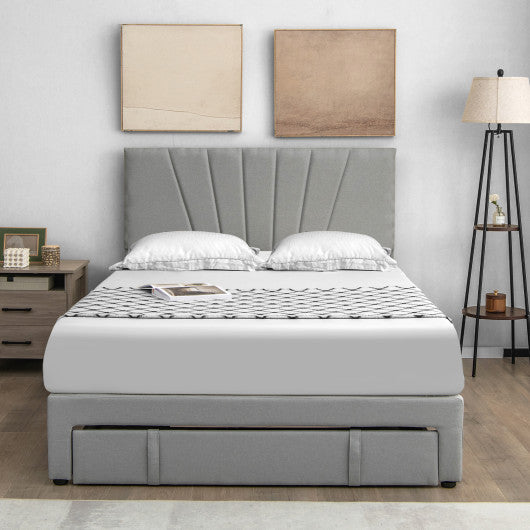 Full/Queen Size Upholstered Bed Frame with Drawer and Adjustable Headboard-Queen Size