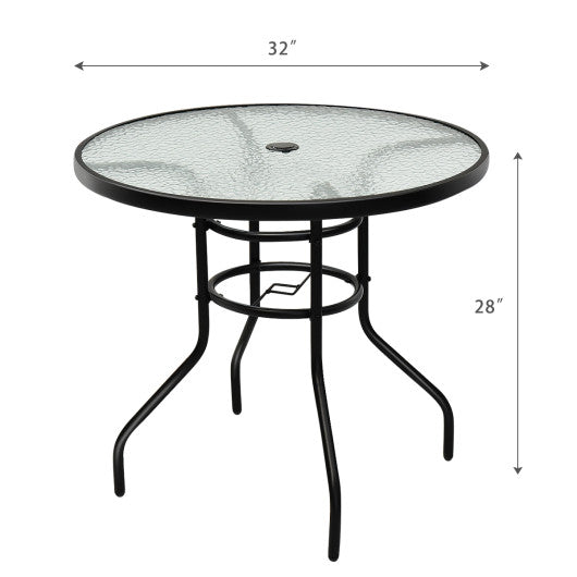 32 Inch Patio Tempered Glass Steel Frame Round Table with Convenient Umbrella Hole