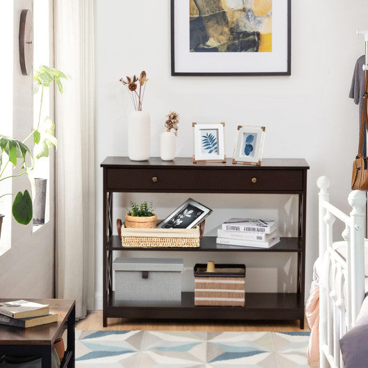 Console Table 3-Tier with Drawer and Storage Shelves-Espresso