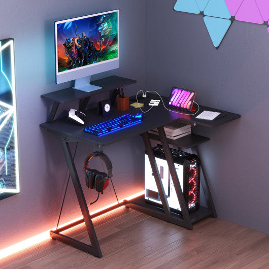 L Shaped Gaming Desk with Outlets and USB Ports-Black