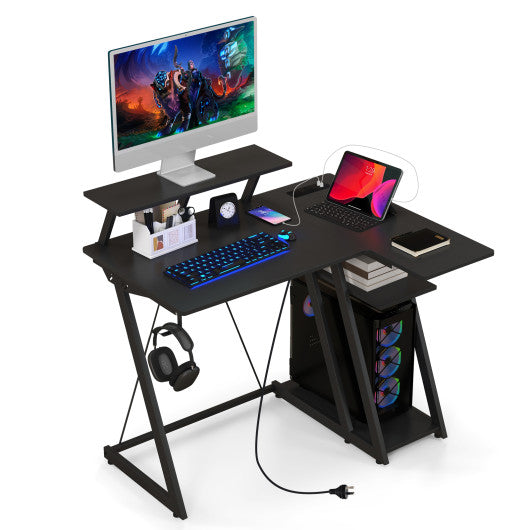 L Shaped Gaming Desk with Outlets and USB Ports-Black