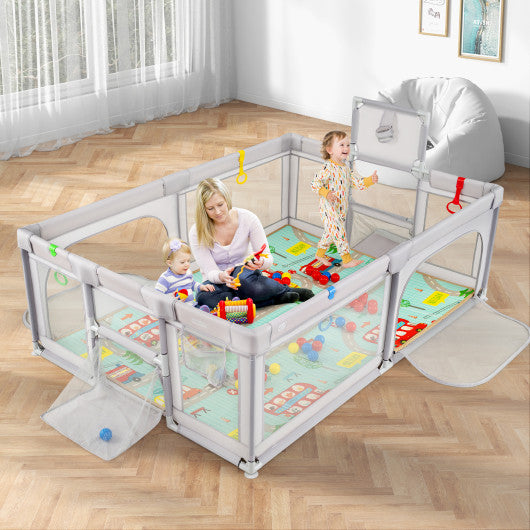 Large Baby Playpen with Mat and Ocean Balls-Light gray