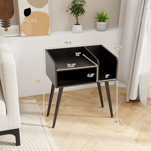 Mid Century Modern Nightstand  with Open Shelves-Black