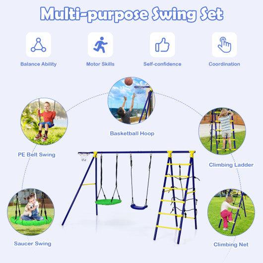 5-In-1 Outdoor Kids Swing Set with A-Shaped Metal Frame and Ground Stake