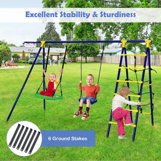 5-In-1 Outdoor Kids Swing Set with A-Shaped Metal Frame and Ground Stake