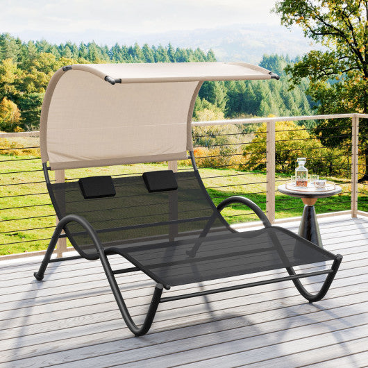 Outdoor Double Chaise Lounge Chair with Sunshade Canopy and Headrest Pillows-Black