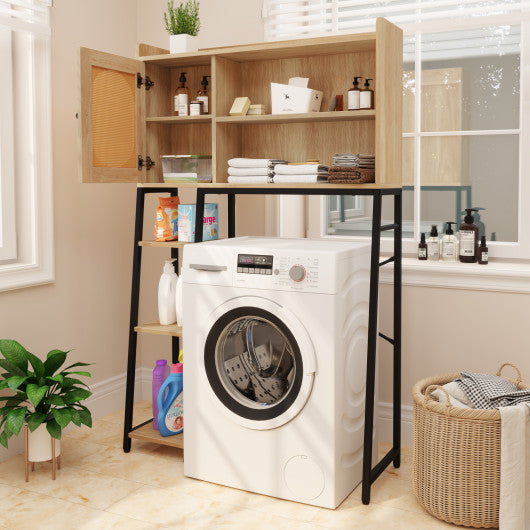 Over The Toilet Storage Cabinet with PE Rattan Door and Open Storage Shelves-Natural