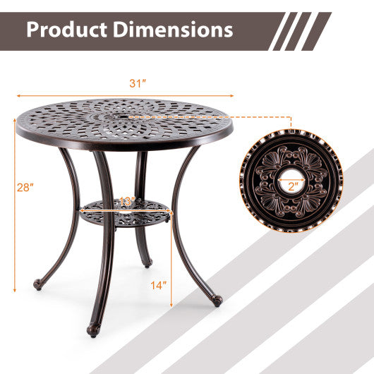 Patio Cast Aluminum Table 31 Inch Diameter Round Table with Umbrella Hole-Copper