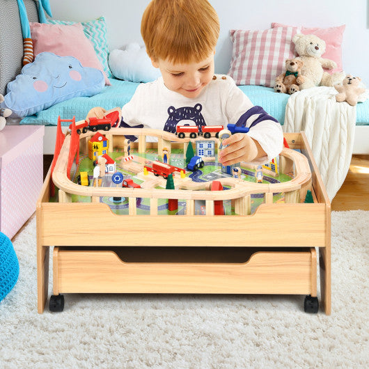 Children's Wooden Railway Set Table with 100 Pieces Storage Drawers